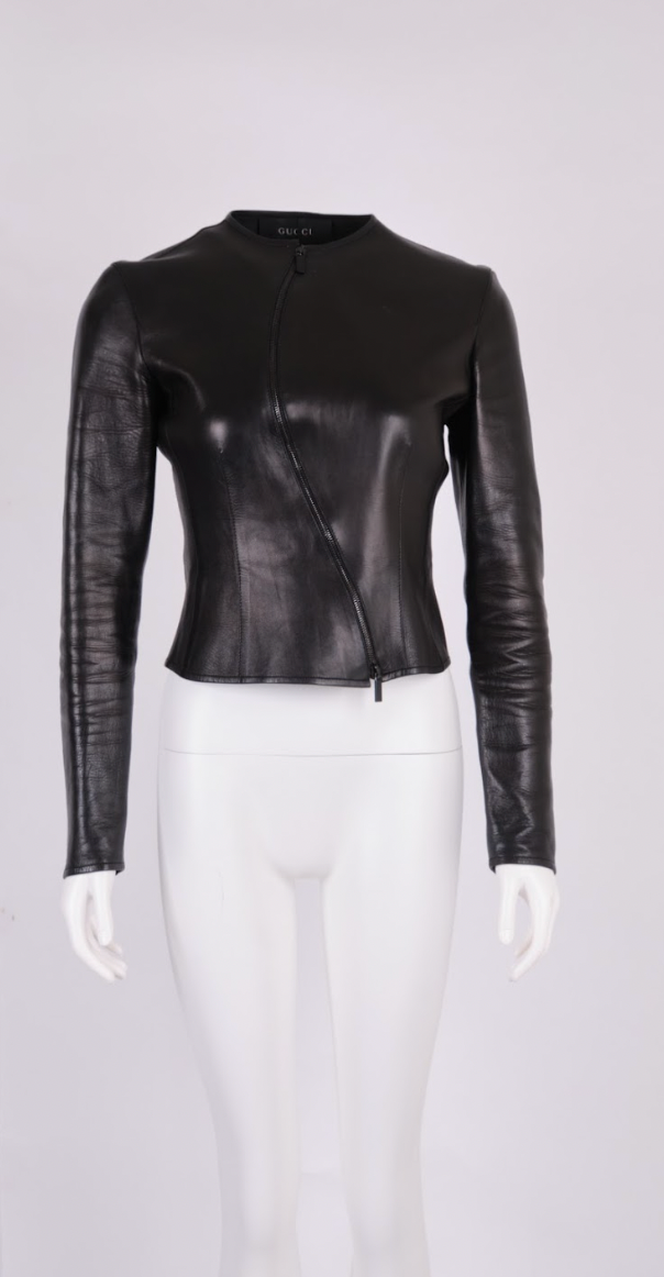 Vintage Gucci Fall 1999 Curved Zipper Leather Jacket - Pulled