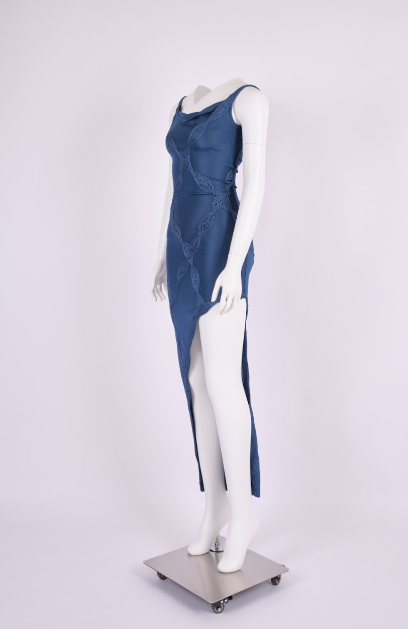 blue dress dior Vintage 1998 Christian Dior by John Galliano Navy Blue Silk Draped Bias-Cut Evening Gown
