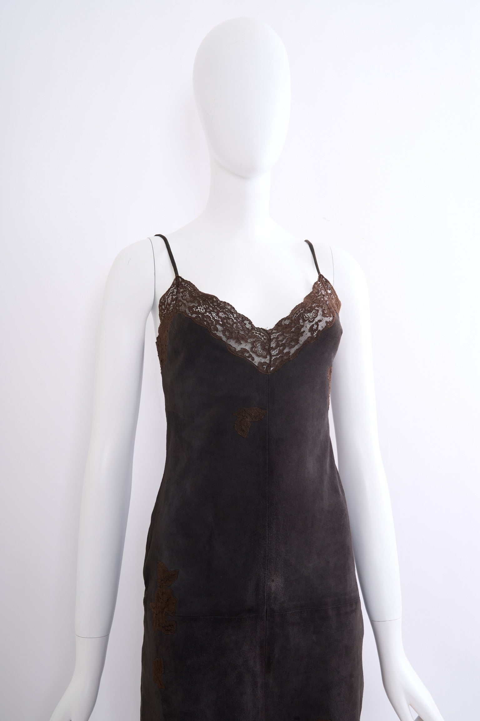 Vintage Christian Dior by John Galliano Fall 2000 Brown Suede Lace Mermaid Maxi Dress