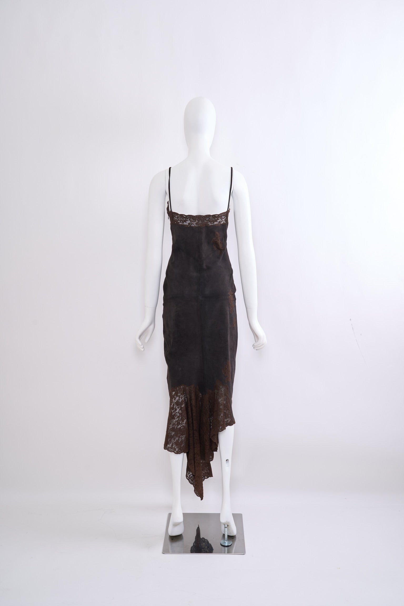 Vintage Christian Dior by John Galliano Fall 2000 Brown Suede Lace Mermaid Maxi Dress