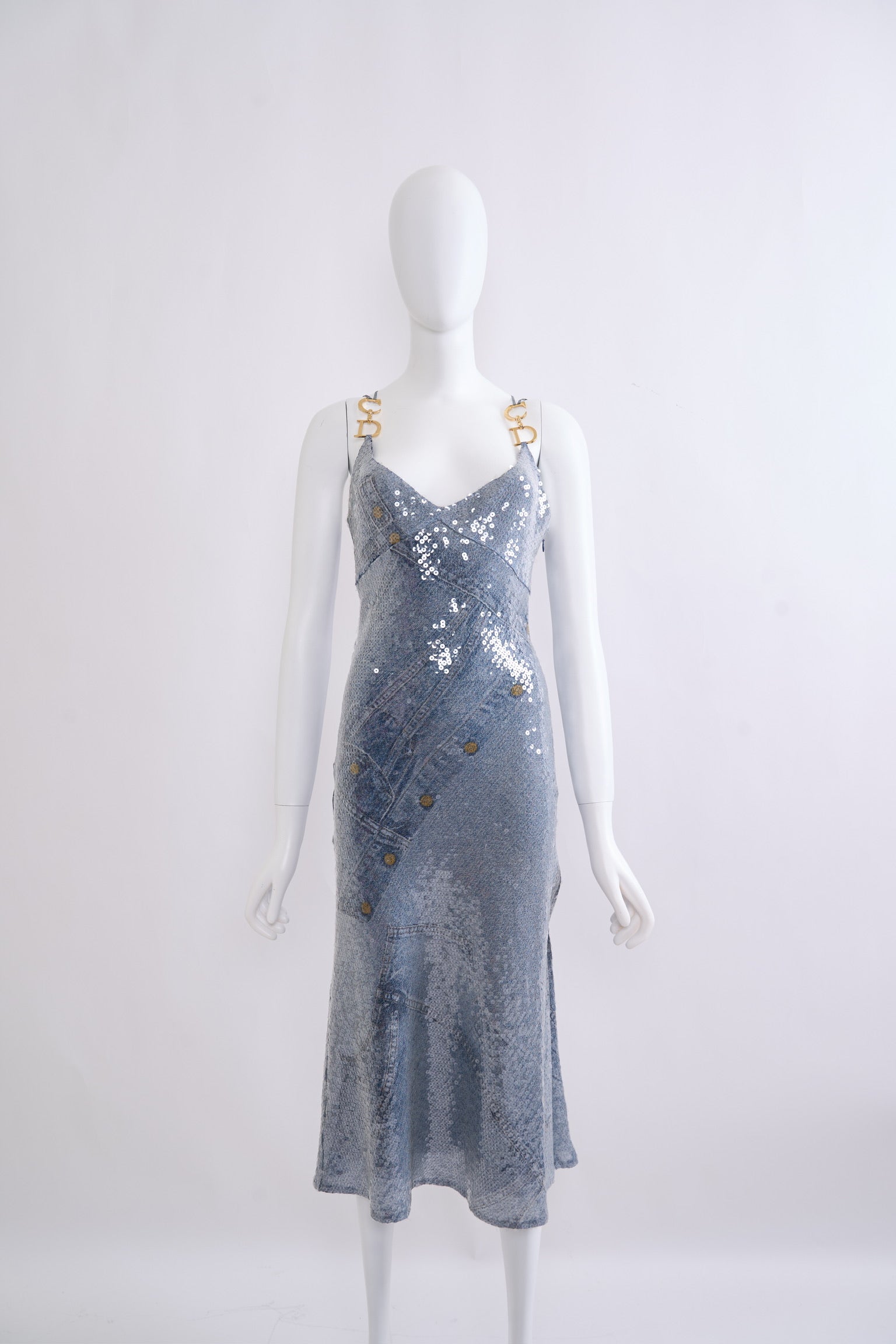 Vintage Christian Dior Spring 2000 Sequin Saddle Halter Midi Dress