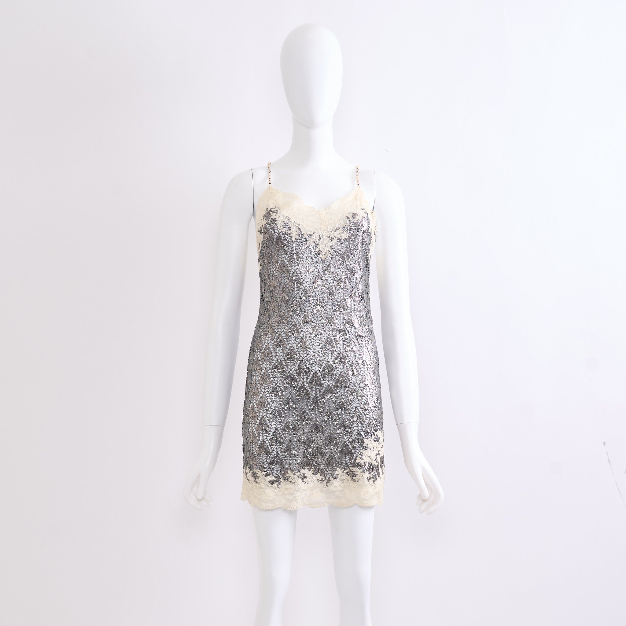 Vintage Christian Dior by John Galliano Spring 1998 Silver Crochet Knit and Lace Slip Dress