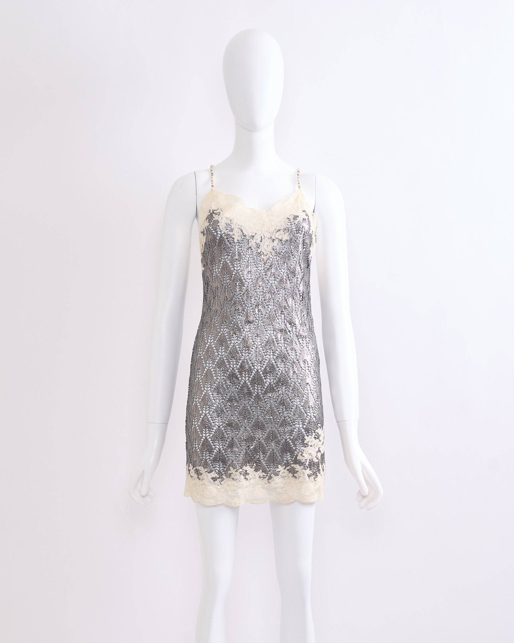 Vintage Christian Dior by John Galliano Spring 1998 Silver Crochet Knit and Lace Slip Dress