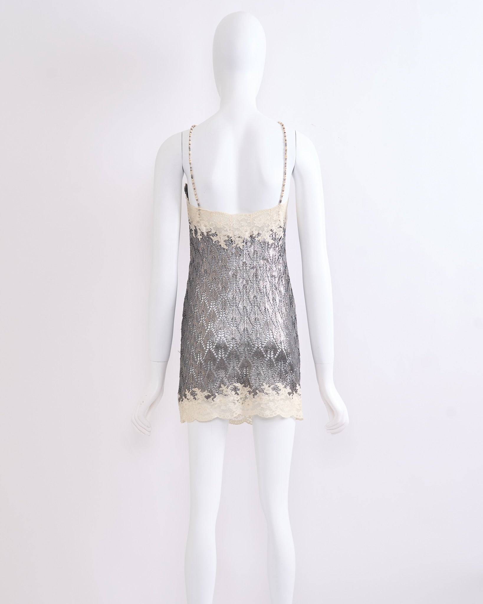 Vintage Christian Dior by John Galliano Spring 1998 Silver Crochet Knit and Lace Slip Dress