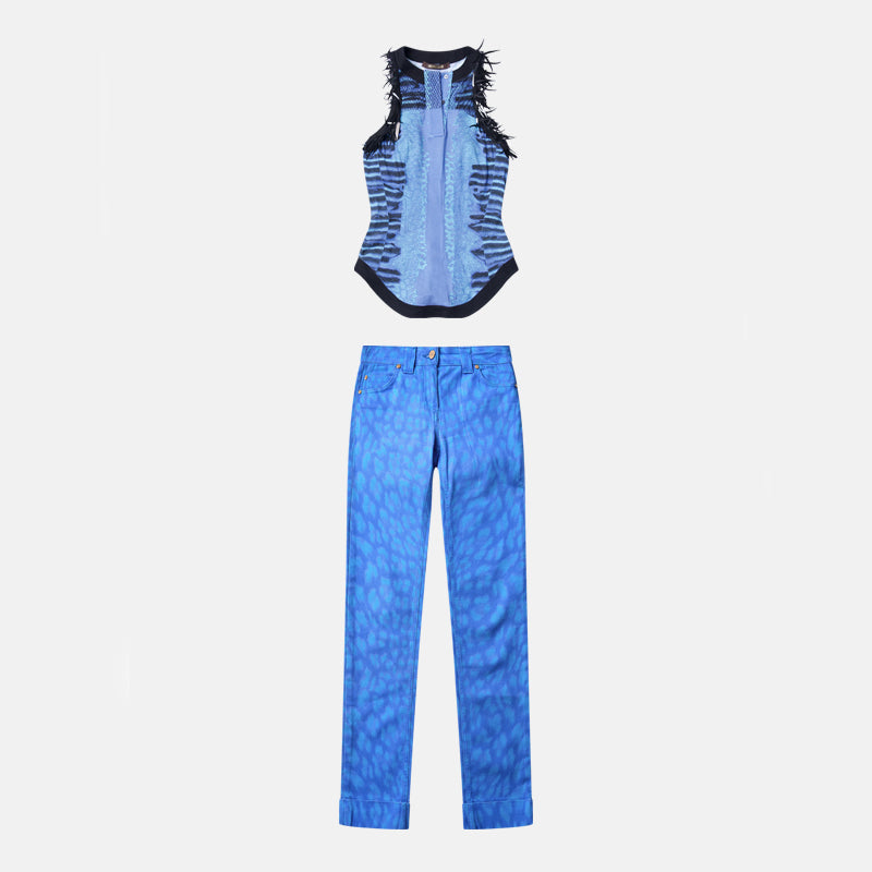 Preowned Roberto Cavalli 2011 Blue Dotted Jeans and Top Set