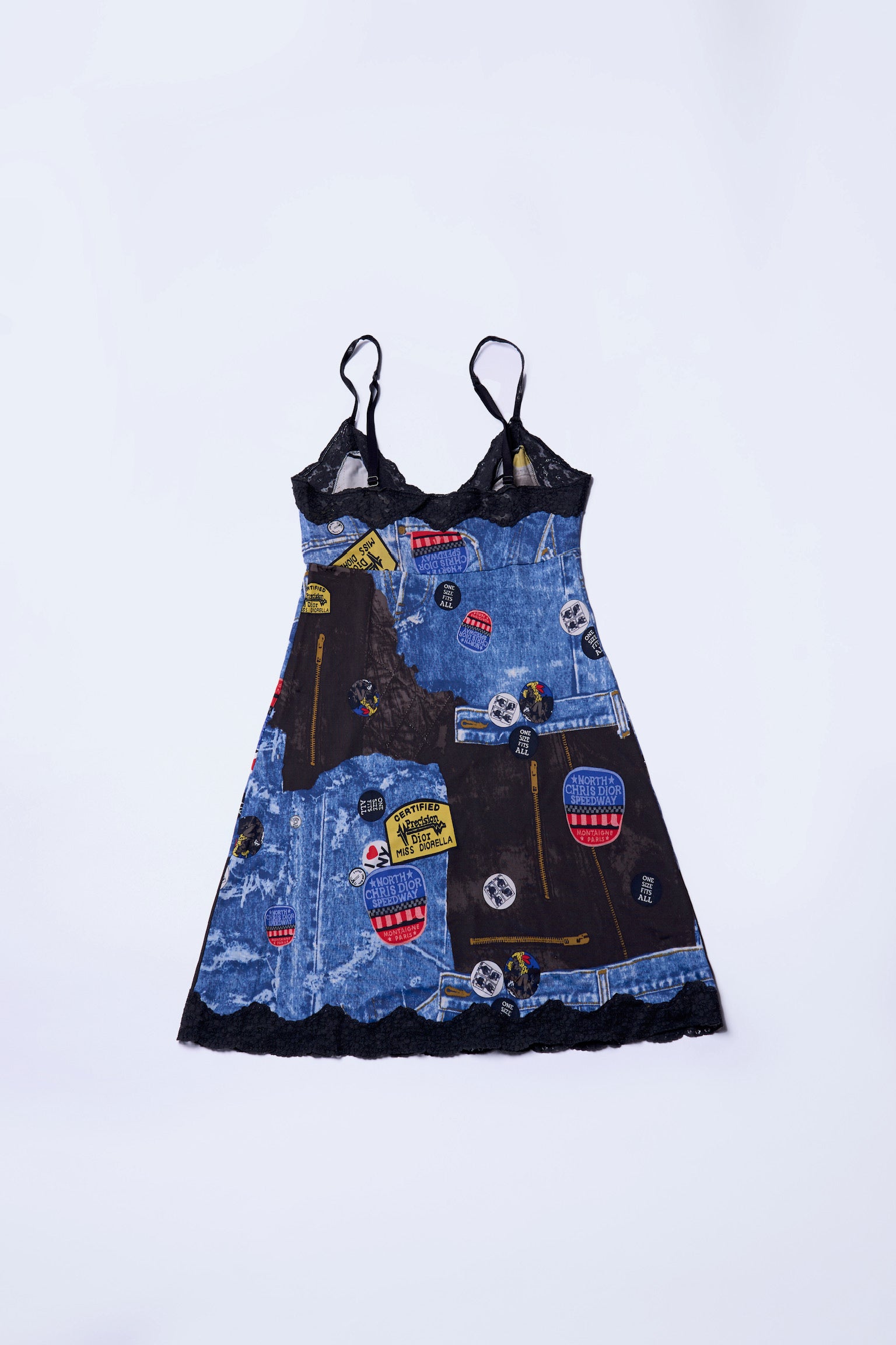 Preowned Christian Dior by John Galliano Fall 2001 Denim Print Nylon Slip Dress, Trompe L’oeil