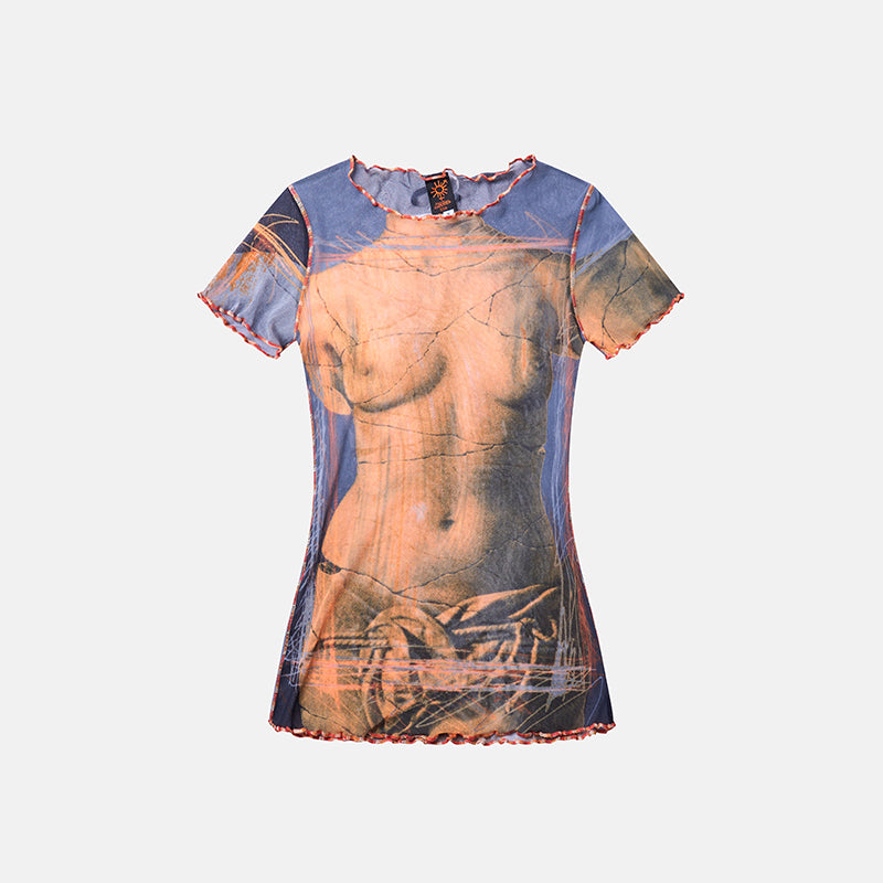 Vintage Jean Paul Gaultier Spring 1999 Mesh Short Sleeves Top with Venus De Milo Print