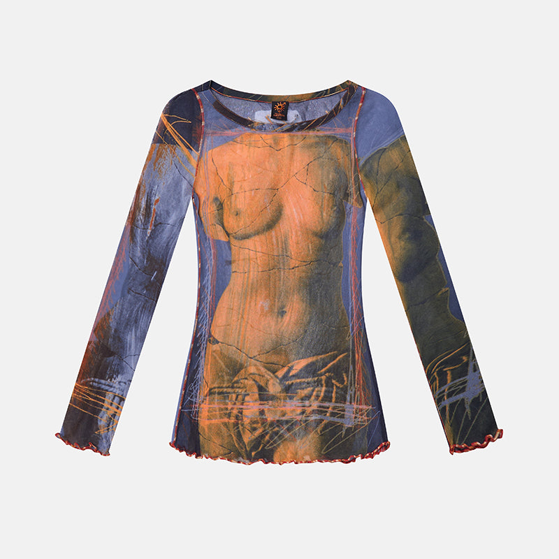Vintage Jean Paul Gaultier SS1999 Mesh Long Sleeves Top with Venus De Milo Print