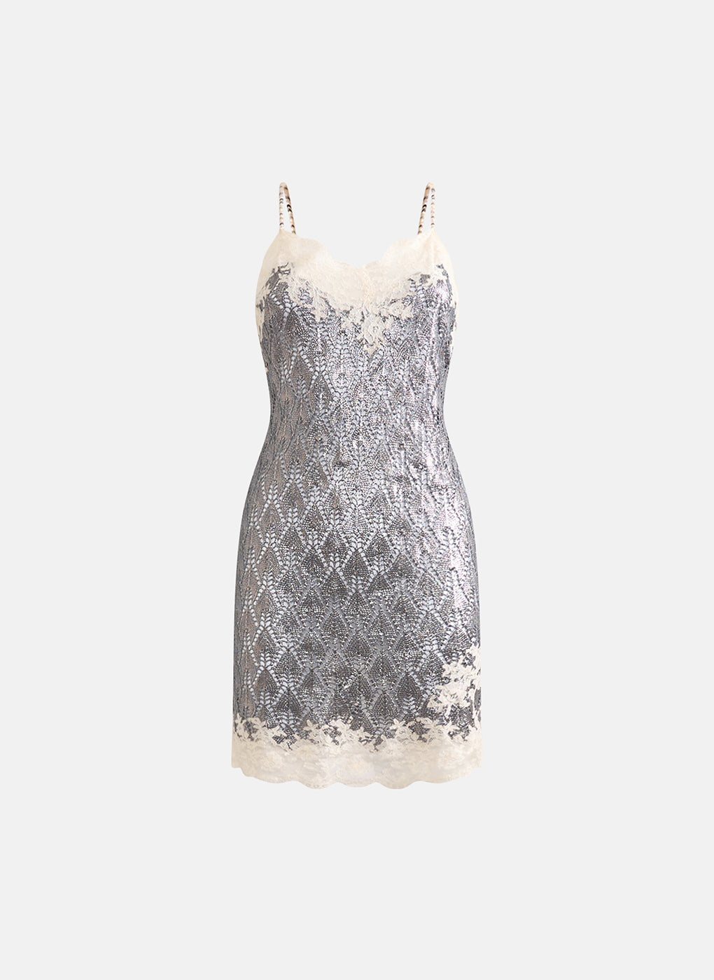 Vintage Christian Dior by John Galliano Spring 1998 Silver Crochet Knit and Lace Slip Dress