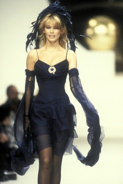 Vintage Chanel Haute Couture Spring 1994 Navy Blue Chiffon Dress with Integrated Corset and Brooch