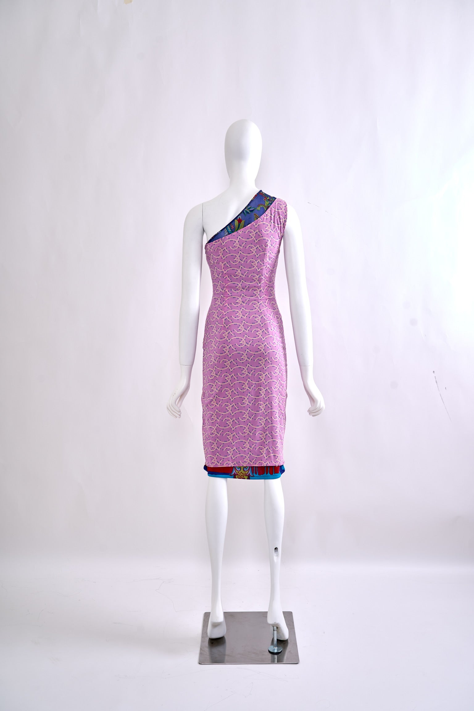 Vintage Gianni Versace Couture Spring 1998 Purple Silk One-Shoulder Dress with Blue Star Print