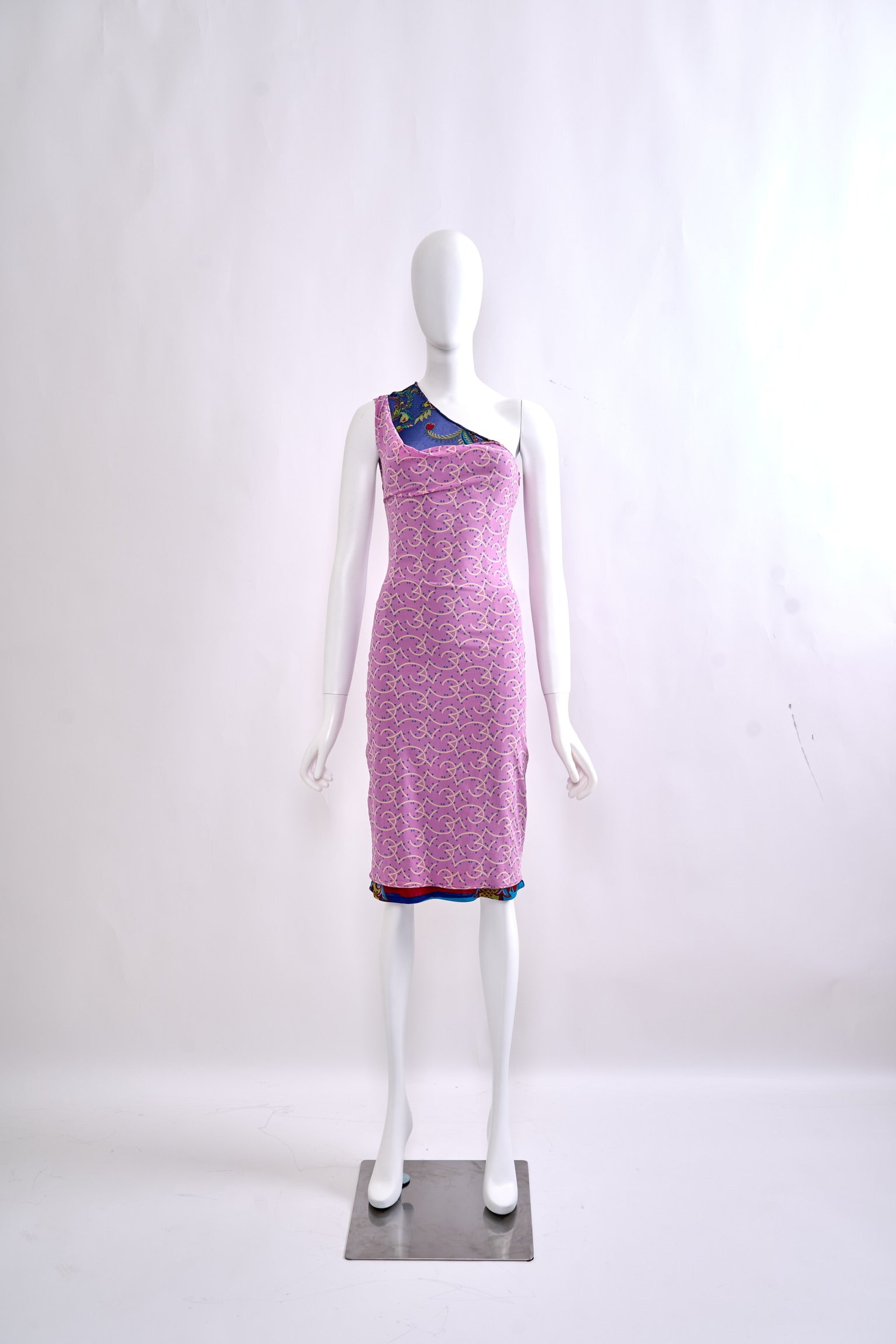 Vintage Gianni Versace Couture Spring 1998 Purple Silk One-Shoulder Dress with Blue Star Print