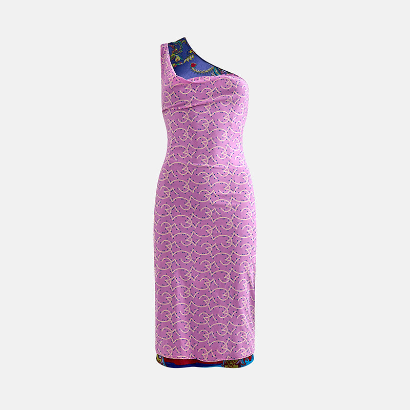 Vintage Gianni Versace Couture Spring 1998 Purple Silk One-Shoulder Dress with Blue Star Print