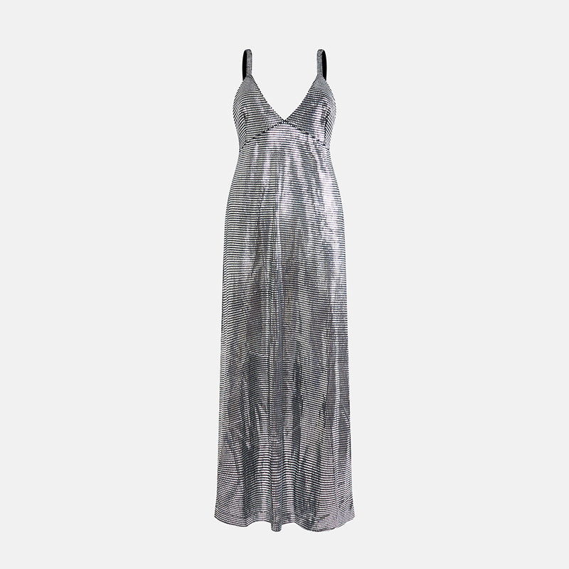 Vintage Paco Rabanne 2000s Silver Foil Cross-Back Long Dress